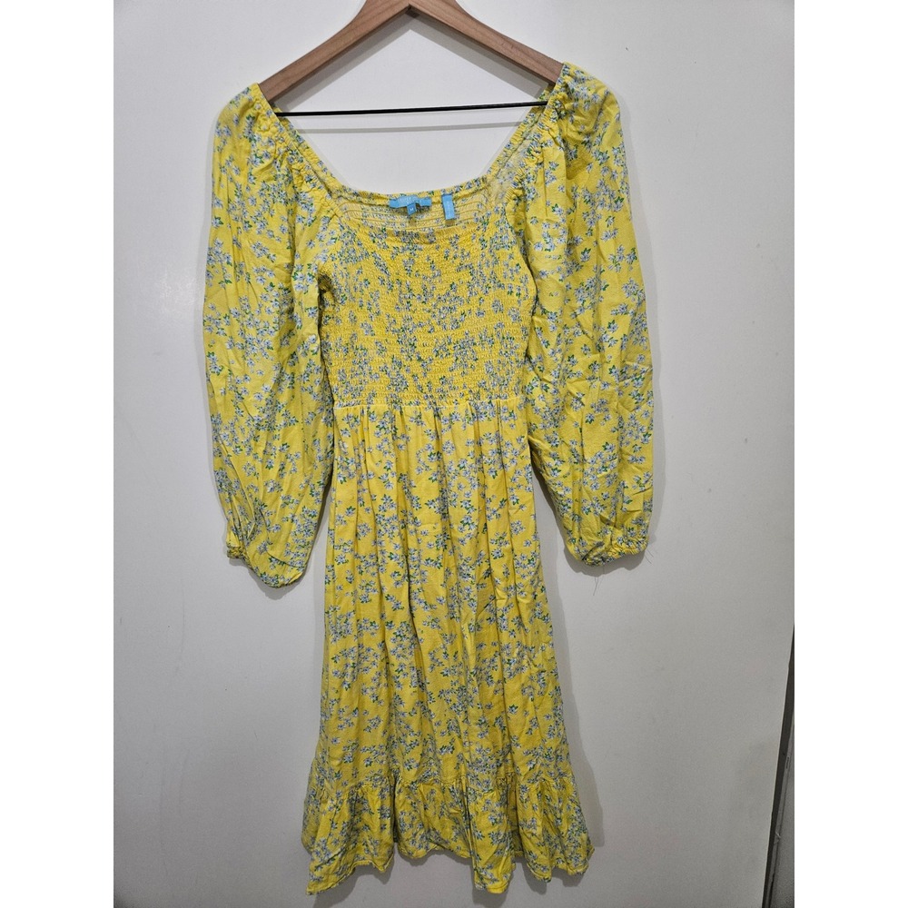 Draper James RSVP Yellow Floral Smocked Puff Sleeve Linen Blend Midi Dress M